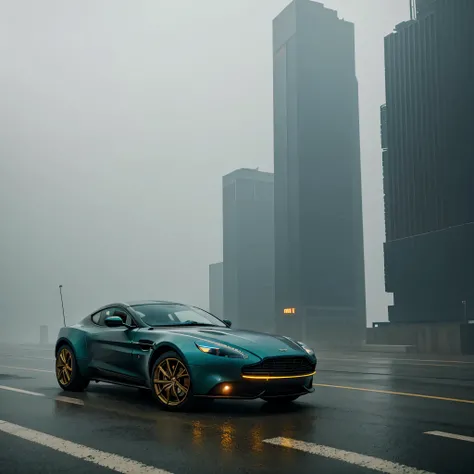 Scenic Cenamic scene from blade runner 2024 movie, minimal fututistic aston martin parked in mist landscape, ultra minimalistic , hyper-realistic, mirrorless, depth of field, golden proportion 