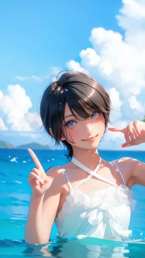 Highest quality、Realistic、、zoom、Women、a little child、cute、Light grey eyes、Black Hair、Short Hairstyles、Tanned brown skin、Dark Skin、Light blue micro bikini、Ocean、Captivating smile、Bust Shot、Small breasts、Shy laugh、peace sign