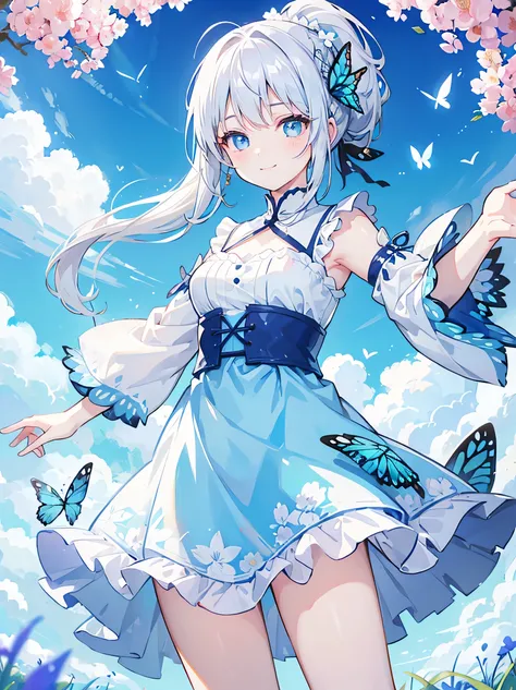 smile、Girl、blue sky、Flowers fluttering、Open your arms、grassland、white hair、Light blue eyes、highlight、ponytail、Floral print dress、Butterfly flies、