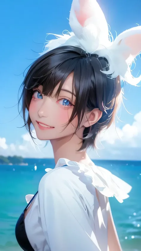 Highest quality、Realistic、、zoom、Women、a little child、cute、Light grey eyes、Black Hair、Short Hairstyles、Tanned brown skin、Dark Skin、Light blue micro bikini、Ocean、A captivating smile、Bust Shot、smile