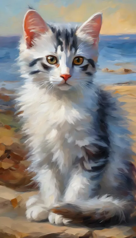 (Highest quality,Very detailed,Realistic),Kitten looking at the sea,Beautiful attention to detail,Curious look,With soft fur,Small feet,Fluffy tail,Cute Beard,Sunny ocean background,There are delicate clouds,Floating gracefully,Colorful petals,Breeze,Playf...