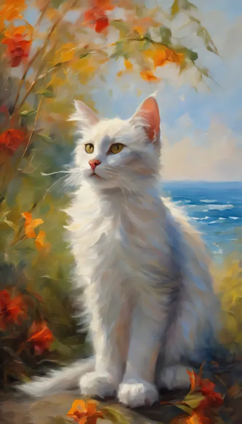 (Highest quality,Very detailed,Realistic),Kitten looking at the sea,Beautiful attention to detail,Curious look,With soft fur,Small feet,Fluffy tail,Cute Beard,Sunny ocean background,There are delicate clouds,Floating gracefully,Colorful petals,Breeze,Playf...