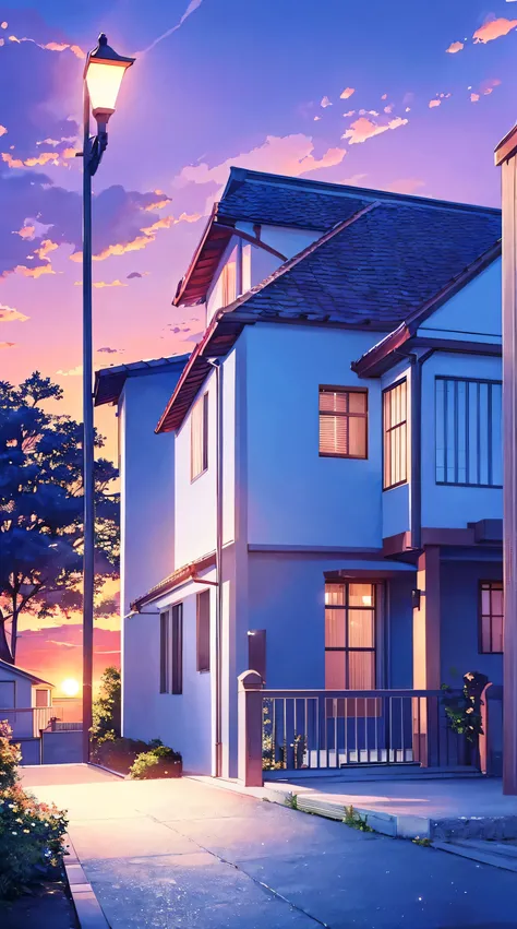 The image is a digital illustration of a beautiful sunset over a house. The sky is filled with vibrant colors of orange, pink, and purple, with the sun setting in the background. The house is a two-story building with a sloping roof and a chimney. It is su...