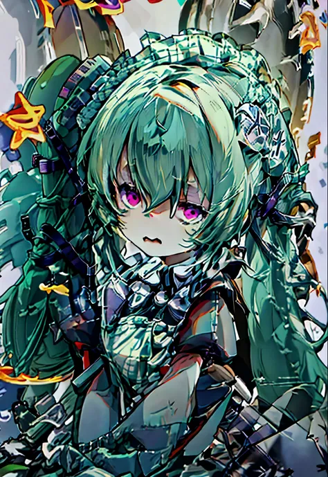 high resolution　gothic maid outfit　wielding a chainsaw　i close my eyes tight　panic　green hair twintails　,from side,