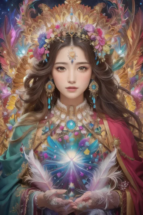 (masterpiece, Highest quality, Highest quality, Official Art, beautifully、aesthetic:1.2), (One person), Very detailed,(Fractal Art:1.3),colorful,Most detailed, Flowers, feathers and butterflies々Decorative long hair、Soft Lighting、mysterious、Holiness、goddess...