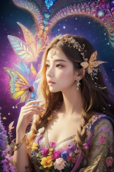 (masterpiece, Highest quality, Highest quality, Official Art, beautifully、aesthetic:1.2), (One person), Very detailed,(Fractal Art:1.3),colorful,Most detailed, Flowers, feathers and butterflies々Decorative long hair、Soft Lighting、mysterious、Holiness、goddess...