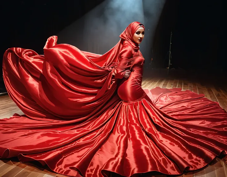 a woman shrouded in a 8-meter-long, plush red satin cloth, tightly bound and grandly draping along the form of her body, flowing...