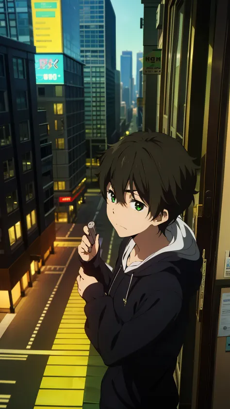 1 boy, brown hair, green eyes, hoodie, random cute face, looking at city, closed mouth, side shot, zoom camera, standing infront of window, hands on window , cafe, window, city lights, night room
, anime_coloring,anime_keyvisual, colorful,vivid