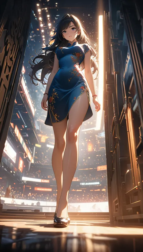 Cheongsam Girl，Long Hair，Pure white background，Depth of written boundary，Low angle view，Calf Level View，Overclocked Renderer，Cinema Lighting，Ultra-fine，Very detailed，complicated，Cinematic Perspective，CG Art，