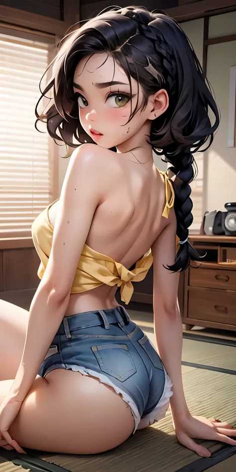 (side boob exposure emphasis)、mouth wide open and orgasmic face、see-through、tatami japanese room、white shorts(backwards posture ...