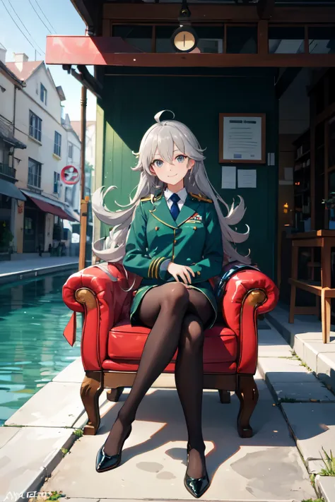 masterpiece, Highest quality, High resolution, Urine 1, One person, Myolin Remblanc, Astichias uniform, alone, Long Hair, Grey Eyes, Grey Hair, Ahoge, Seamed legwear, Green shorts, tie, bangs, Hair between the eyes, Black Pantyhose, Long sleeve, Green jack...