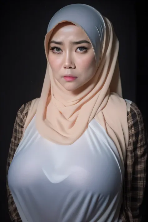 (Old Lady:1.37), Jumbo (Singlet), Chubby adorable, 1 girl, (face to face), , baby face, (angry face expression:1.37), half body portrait, (face details: 1), (eye details: 1), ((big breasts)). wearing ((transparent:1.24)), transparency soft long shirt, hija...