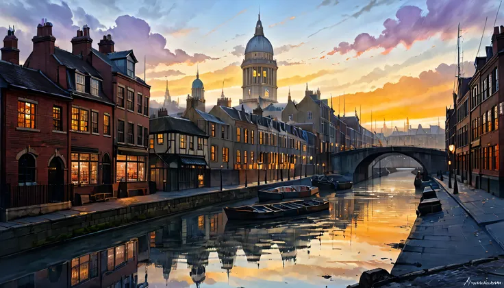 Painting of a city canal at dusk, Rob McNaughton, Autumn sunset, Landscape painting, sunset, Background artwork, Rich, picturesque colors, At dusk in autumn, Beautiful Oil Painting Mat, Beautiful Art UHD 4K, Great art, inspired by Esao Andrews, Inspired by...