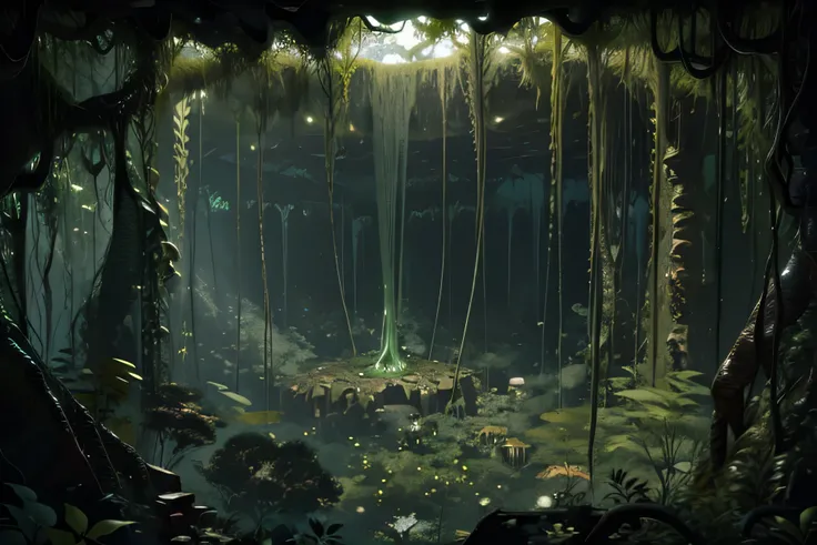 A mysterious cave with dim green lights, tentacles sprouting from cracks