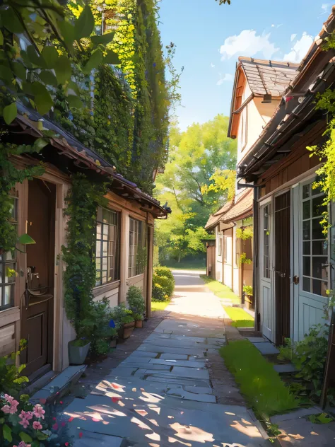 A charming village scene with picturesque wooden houses covered in blooming flowers and ivy. The houses are surrounded by lush green trees, and the bright sunlight shines from a clear blue sky. The scene is filled with vibrant colors from various flowers, ...