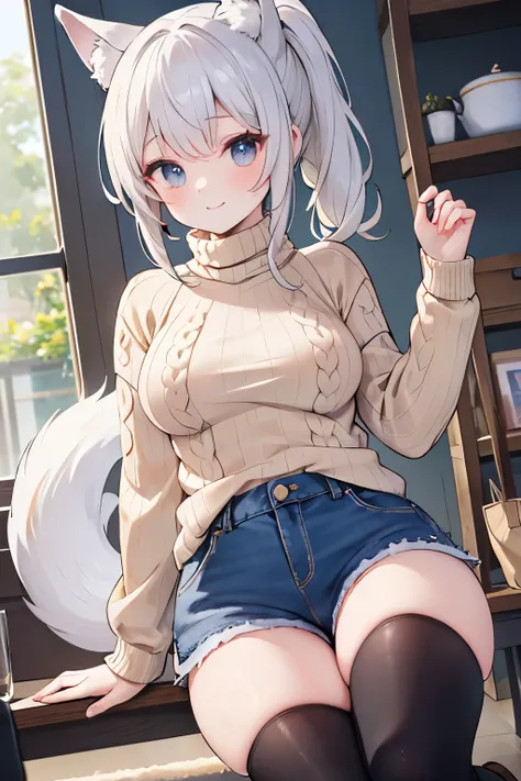 Silver Hair、Red Eye、Fox Ears、girl、ponytail、girl、big breasts、Lolita、Bright smile、Looks about 、Petan Musume、short、Eye highlight、Sexy thighs、(Long knit sweater with beige high neck:1.4), ,(Blue jeans fabric shorts),(Black boots)、(Small Black Enamel Bag)、Your ...