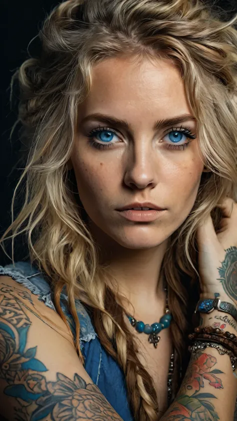 A woman with a rude appearance, long messy blond hair, wearing bohemian style clothing, blue eyes, tattoos on her arms, detailed face, highly detailed, 8k, photorealistic, studio lighting, portrait, dynamic pose, dramatic lighting, warm color tones, moody ...