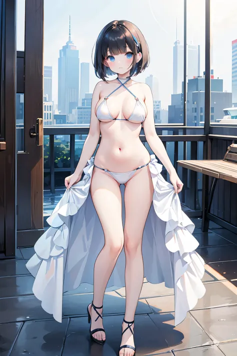 whole body、Stand in front、White high heels、One beautiful woman、cute、Bob Cut Hair、Black Hair、Pale blue eyes、Large Breasts、bikini、Realistic、Highest quality、Highest Resolution、Highest quality、８Ｋ、