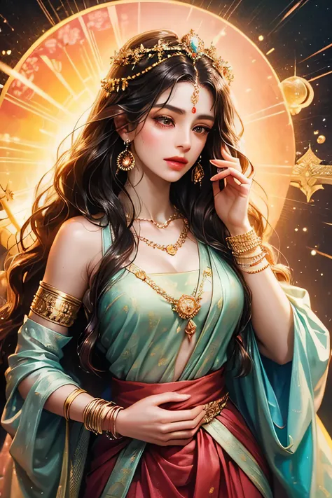 Goddess parvati, very beautiful, animated style, closeup shot, anime in a red indian dress, long black wavy hair untied, head jewellery, necklace, earings, armlets, bangles and bracelets, rings, pleasant expression, bright big black eyes, holding a flower,...