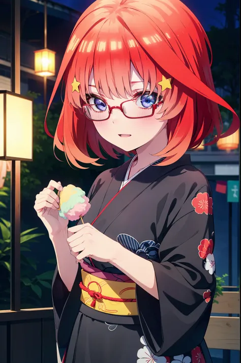 itsukinakano, Itsuki Nakano, bangs, blue eyes, Hair between the eyes, Ahoge, Redhead, star (symbol), hair ornaments, star hair ornaments,花のhair ornaments,Black-rimmed glasses,hair tied back,smile,blush,Open your mouth,night,Red Kimono,Long skirt,He is hold...