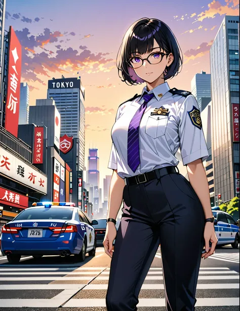 masterpiece, best quality, medium breasts, solo, (jet black hair, short hair, bob hair, purple eyes, bangs), (full body), city backdrop, tokyo city backdrop, solo, solo focus, standing, japanese police uniform, glasses, (white shirt), (black pants, tie), m...