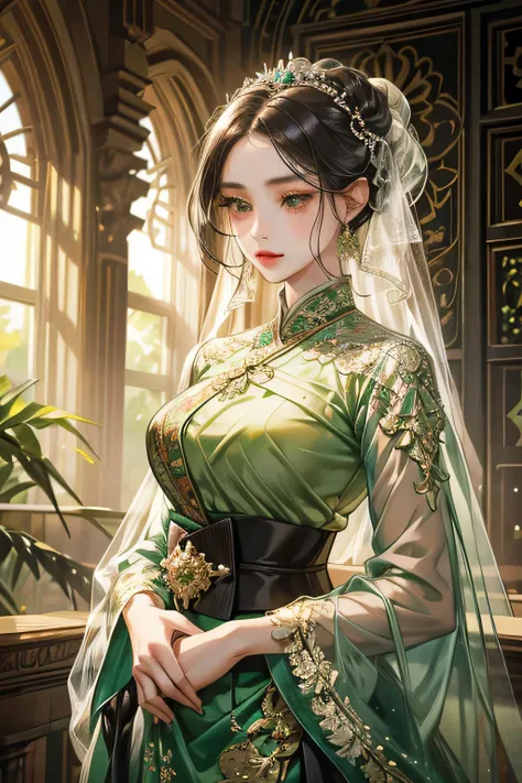 young woman, with sinden style, light green attire suit, light black eyes, black hair, 1jumbo bun, veil in her hair, kebaya indonesian, brown batik, javanese style,masterpiece, detailed eyes, detailed body