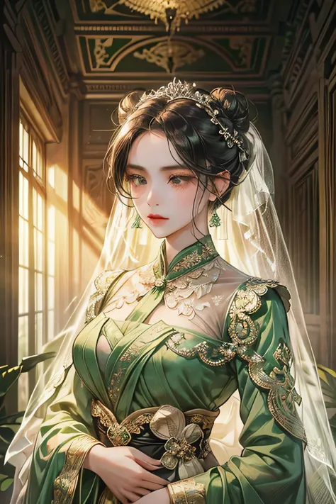 young woman, with sinden style, light green attire suit, light black eyes, black hair, 1jumbo bun, veil in her hair, kebaya indonesian, brown batik, javanese style,masterpiece, detailed eyes, detailed body