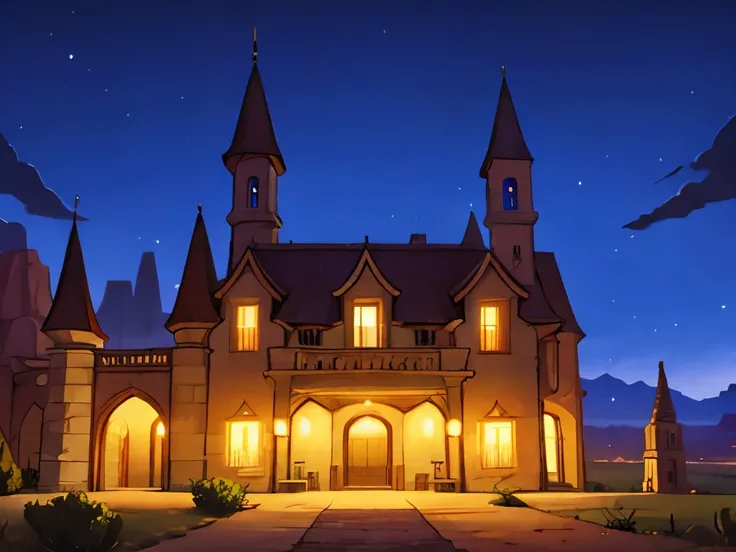 Fantasy mansion at night in a desert country