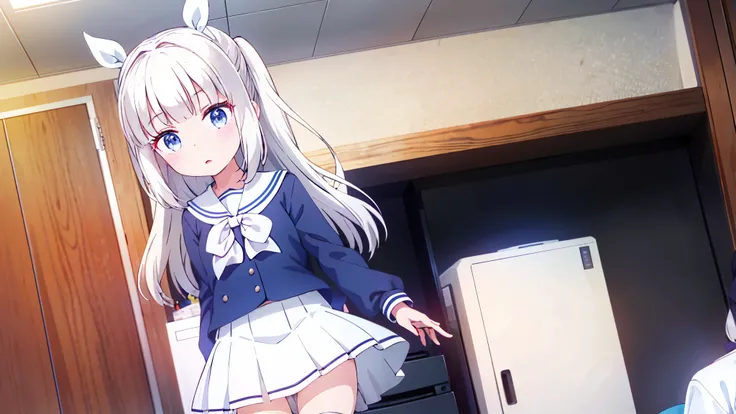 1 white-haired girl with ribbon decorations on her head, blue eyes at school navy blue miniskirt Women in white stockings at home