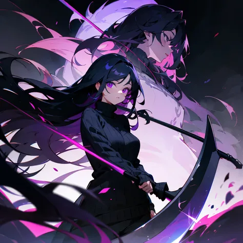 black hair, long hair, purple ombre, purple eyes, black sweater, dark background, purple effects, holding a scythe