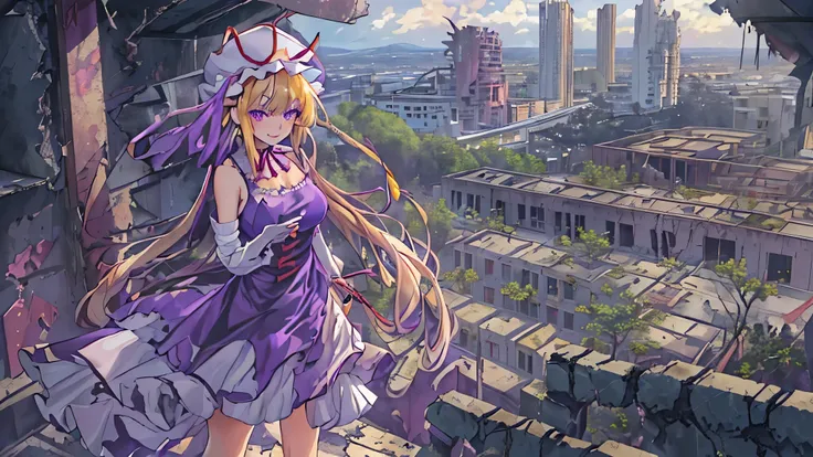 highest quality, masterpiece, high resolution, alone, {yakumo_yukari_touhou:1.15},long shot of a girl standing in the ruins,full...