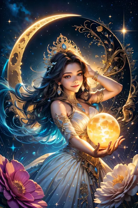 A light orb with magician circle around the orb, hand, many shining butterfly, beautiful smile, sparkle sky, shining, gust of wind, light bright flowers, sun and moon, dark light of fantastic and cosmological with universal. Amazing view very bright and wa...