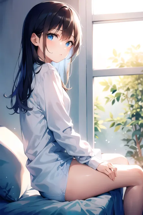 sitting in a bedroom, wearing a white long sleeve shirt and light blue underwear, viewed from the side,