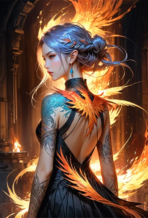 watercolor art, fantasy art, goth art, a picture of a tattoo on the back of a female elf, a glowing tattoo of a ((phoenix: 1.3))...