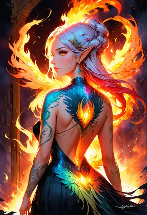 watercolor art, fantasy art, goth art, a picture of a tattoo on the back of a female elf, a glowing tattoo of a ((phoenix: 1.3)) on the elfs back, the ((phoenix tattoo)) is vivid, intricate detailed coming to life from the ink to real life, ((fire surround...