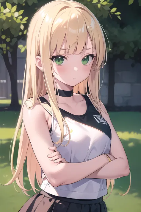 Blonde Hair, choker, (Green Eyes:1.5), Long Hair, dress, skirt, blush, blush stickers, Arms folded behind back, school swim wear, break looking at viewer, break outdoors, city, break (masterpiece:1.2), highest quality, High resolution, unity 8k wallpaper, ...