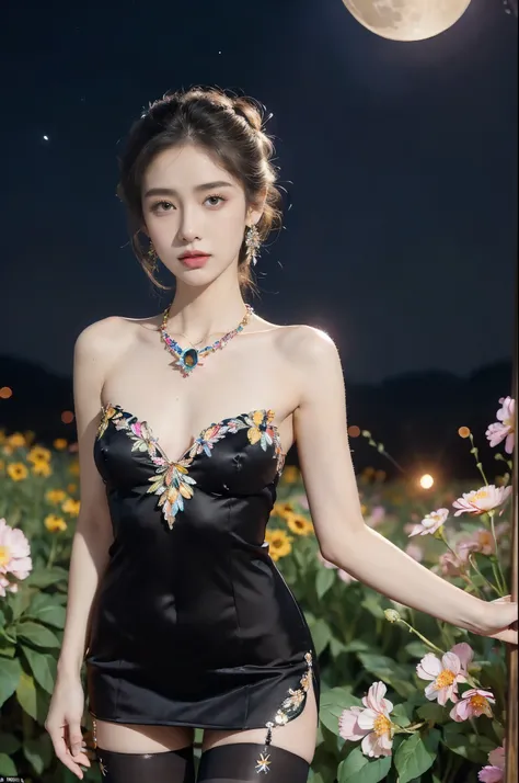 (((best quality))),(((ultra detailed))),(((masterpiece))),illustration,((1 beautiful girl,solo)),(neat chignon:1.2),((earrings,crystal necklace)),((slim,thin)),((small breasts,flat chest)),(slender legs:1.2),(stockings:1.3),(a moon in the clear night sky a...