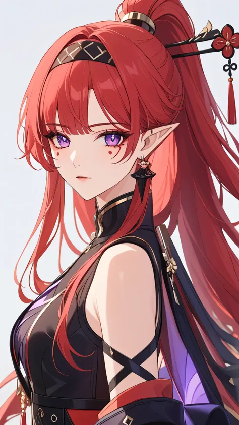 1girl,bangs,jewelry,ponytail,hairband,earrings,red hair,purple eyes,hair ornament,pointy ears,long hair,hair stick,facial mark,s...