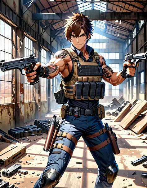 best quality, super detail, masterpiece, photography, scene: spacious abandoned warehouse, theme: mercenary, character: male gunslinger, appearance: muscular build, brown hair, short hair, spiky hair, short hair, brown eyes, action: fighting stance, facial...