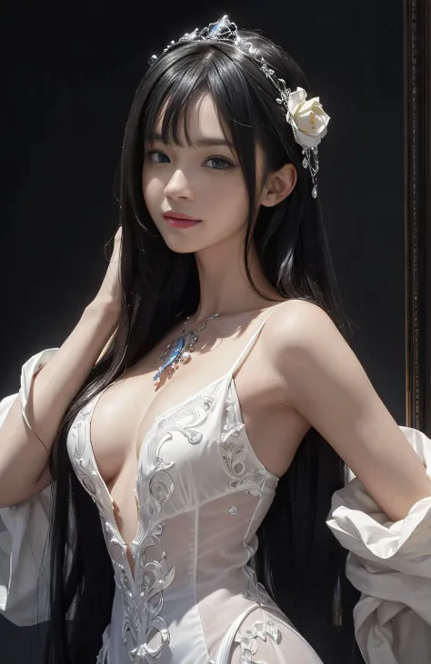 (surreal), (shape), (Improved resolution), (8k), (very detailed), (Best shape), (beautiful and detailed eyes), (highest quality), (Super detailed), (masterpiece ), ( wallpaper), (detailed face), 1 girl, , white dress, Large and loose chest, looking at the ...