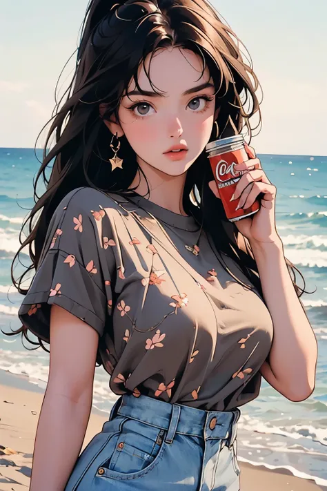 Upper body close-up image. Twenty years old. A beautiful woman. Dark brown hair. She holds a cola in one hand. It is summer and she is standing on the beach.