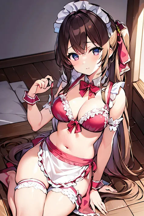 (4K、high resolution、Detailed light、Detailed Shadows、Detailed Design)、1 person、Bronze Hair、Pink maid outfit、(Bikini Maid Costumes)、A maid-like pose