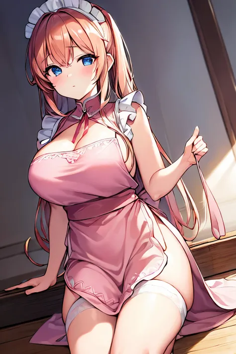 (4K、high resolution、Detailed light、Detailed Shadows、Detailed Design)、1 person、Bronze Hair、Pink maid outfit、Side slits、Big slit、White apron