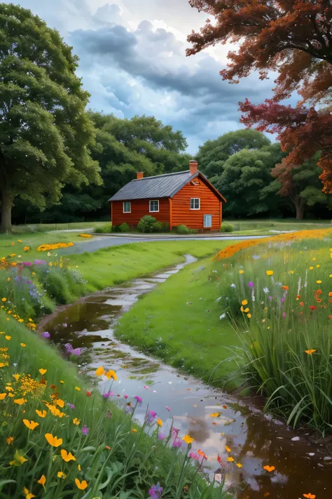 Create a landscape of a serene countryside scene during a gentle summer rain. A cozy cottage with a red roof is nestled near a large, lush green tree. The sky is filled with dramatic, billowing clouds in vibrant shades of orange and yellow, illuminated by ...