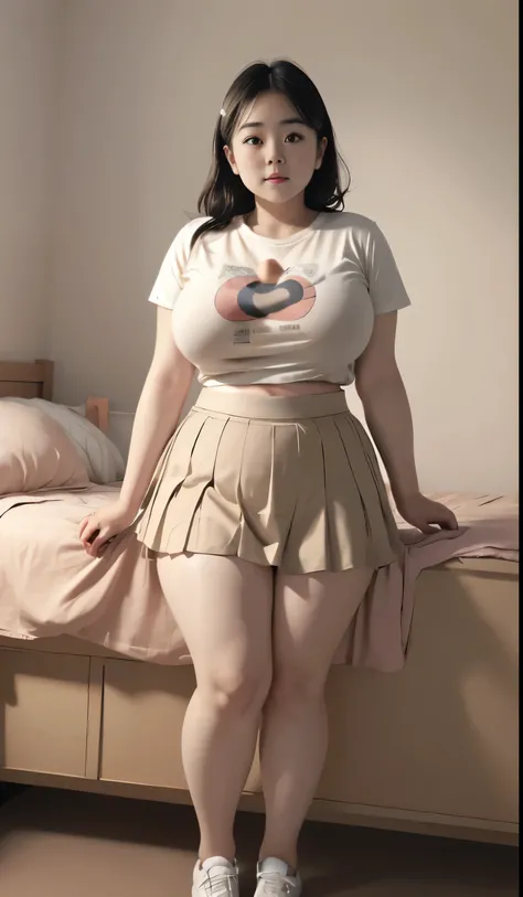 A girl wearing a T-shirt and a cream-colored tight skirt, Chubby, Thick arms, Chubby Cheeks, Huge breasts, chubby hips, Chubby belly, Thick thighs, Full body pose, Asian Girl, Korean Girls, Tanaka Nene Body, marina shiraishi body. beautiful girl, Dark Room...
