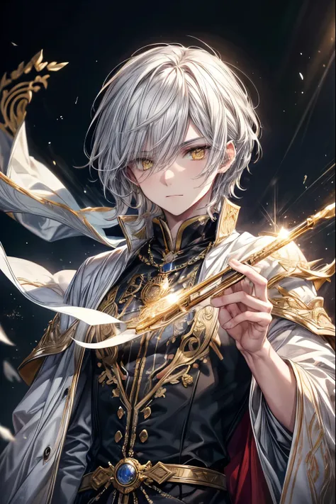 A beautifully detailed and photorealistic portrait of a young male sorcerer or wizard, with striking white hair, piercing yellow eyes, and an intricate, ornate white robe adorned with golden accents. The subject has a perfect, expressive face with masterfu...