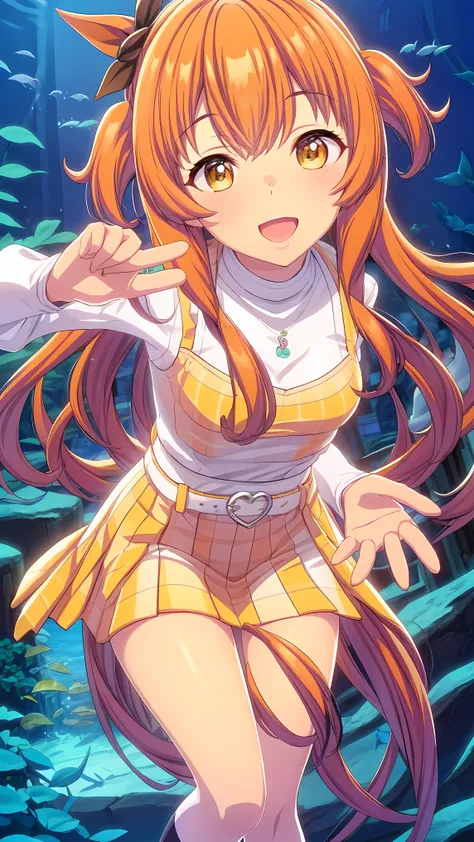 Mayacas,one person, Orange Hair ,Horse&#39;s ears, 
BREAK 黄色いベスト,Long sleeve, Yellow Skirt, socks, smile, Open your mouth, Tilt your head, Close one eye,腕を上げる
BREAK つやのある瞳, Beautiful Eyes, Enchanting, Erotic, Glowing skin、 
BREAK outdoors, 
BREAK looking a...