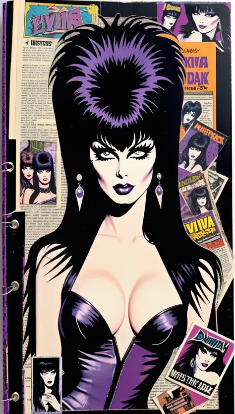 Elvira Mistress of the Dark Punk Collage 1980s rockstar comic book collage on a journal page black purple silver colors scrap book