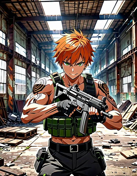 best quality, super detail, masterpiece, photography, scene: spacious abandoned warehouse, theme: mercenary, character: male gunslinger, appearance: muscular build, orange hair, bowl hair, short hair, green eyes, action: fighting stance, facial expression ...