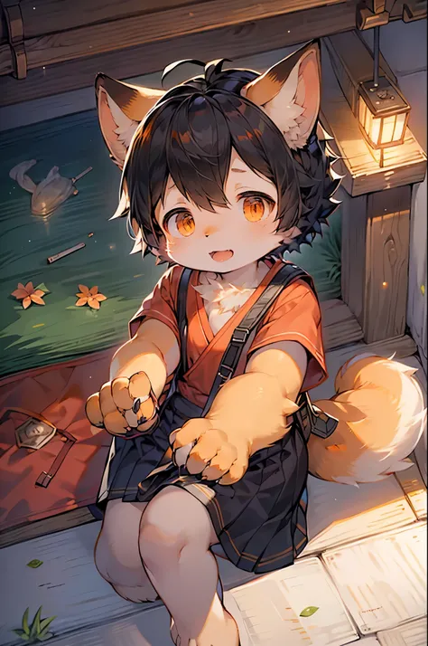 Fox Girl，Furry girls，Female infant characteristics，Black hair，Orange Skin，Black Arm，Japanese school uniform，bag，After school